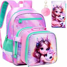 Tres piezas con estampado de gato rosa, equipado con una bolsa de almuerzo y un estuche para lápices. La bolsa de almuerzo se puede sujetar a la mochila. Adecuado para la escuela, los viajes y las mochilas de los niños. - Mochila - Ver 14