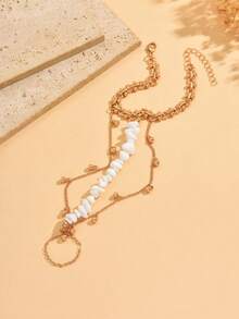 1pc Bohemian Style Beaded Finger Chain, Vintage Versatile Gold Bead Tassel Bracelet, Fashionable Hand Jewelry For Women, Suitable For Daily Wear, Dates And Parties. The Chain Length Can Be Adjusted By Cutting The Links, And The Shape And Size Of The Stones Are Random. - Gold - View 3