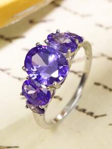 1枚S925银紫色女士戒指，镶嵌5颗合成水晶石，优雅奢华浪漫，适合母亲节、情人节、斋月等节日赠送。 - 銀色 - 查看 5