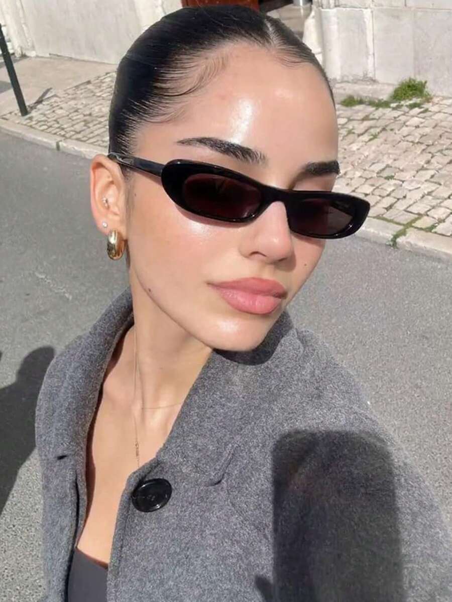 1pc Oval Small Frame European Women's Fashion Glasses Ins Personalized Street Photography Glasses Summer Vacation Beach Accessories - Black - View 1