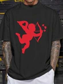 Men's Cupid Costume T-Shirt- Red Heart& Arrow Print Black Valentine's Day Outfit, Breathable Short Sleeve Round Neck Casual& Party Wear, Cupid Party Shirt For S, Year-Round Comfortable Cupid Attire - 黑色 - 查看 2
