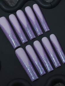 CrystalHola Valentine's Day : 10 Handmade Press-On Nail Stickers, French Square Long Nails, Purple Nail Surface With Purple Glitter, Simple And Classic, Full Coverage, Removable And Reusable, Long-Lasting And Durable, Unique Summer Nail Art, A Stylish Necklace Essential For Parties And Weddings. Nail Supplies - Multicolor - View 2