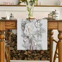 1PC 2D Flat Elegant Floral Print Table Runner - White/Grey Rose Pattern, Restaurant Decor - Durable Polyester Fabric Party Decor Tablecloth Home Decor Spring Home Decor Mantel Para Comedor Centros De Mesa - 13x72 英寸 - 查看 3
