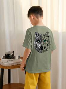 男童休闲印花圆领短袖T恤，夏季上衣 - 橄欖綠 - 查看 2