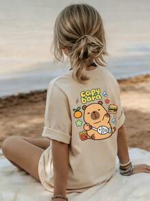 Camiseta de manga corta con cuello redondo y estampado casual para niñas preadolescentes, top de verano - Albaricoque - Ver 1