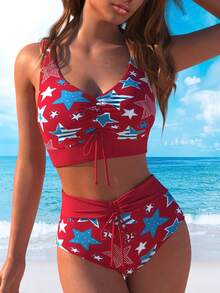 Red Base Star Print Drawstring Bikini Set - 彩色 - 查看 1