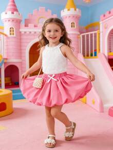 Baby Girls' Fashion Versatile Sweet Princess Cute Outgoing School Vacation Party White Bow Jacquard Embroidery Halter Neck Camisole Top And Pink White Butterfly Accent Floral Skirt 2 Piece Set, Summer - Pink - View 1