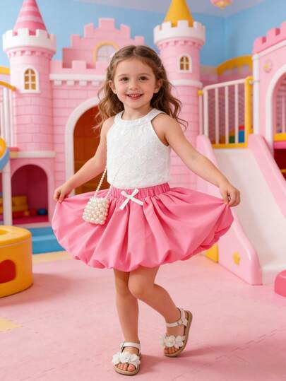 Baby Girls' Fashion Versatile Sweet Princess Cute Outgoing School Vacation Party White Bow Jacquard Embroidery Halter Neck Camisole Top And Pink White Butterfly Accent Floral Skirt 2 Piece Set, Summer