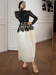 DAZY 春夏花卉薄纱连衣裙，饰有3D立体花朵、水钻和亮片，优雅迷人，适合情人节、婚礼、派对、正式场合，修身剪裁，黑白透视网纱拼接褶裥中长连衣裙，情人节特辑 - 黑色 - 查看 9