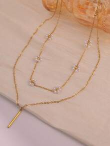 优雅珍珠花朵叠戴项链，18K镀金不锈钢链搭配圆柱形吊坠，适合日常佩戴 - 金黃色 - 查看 6