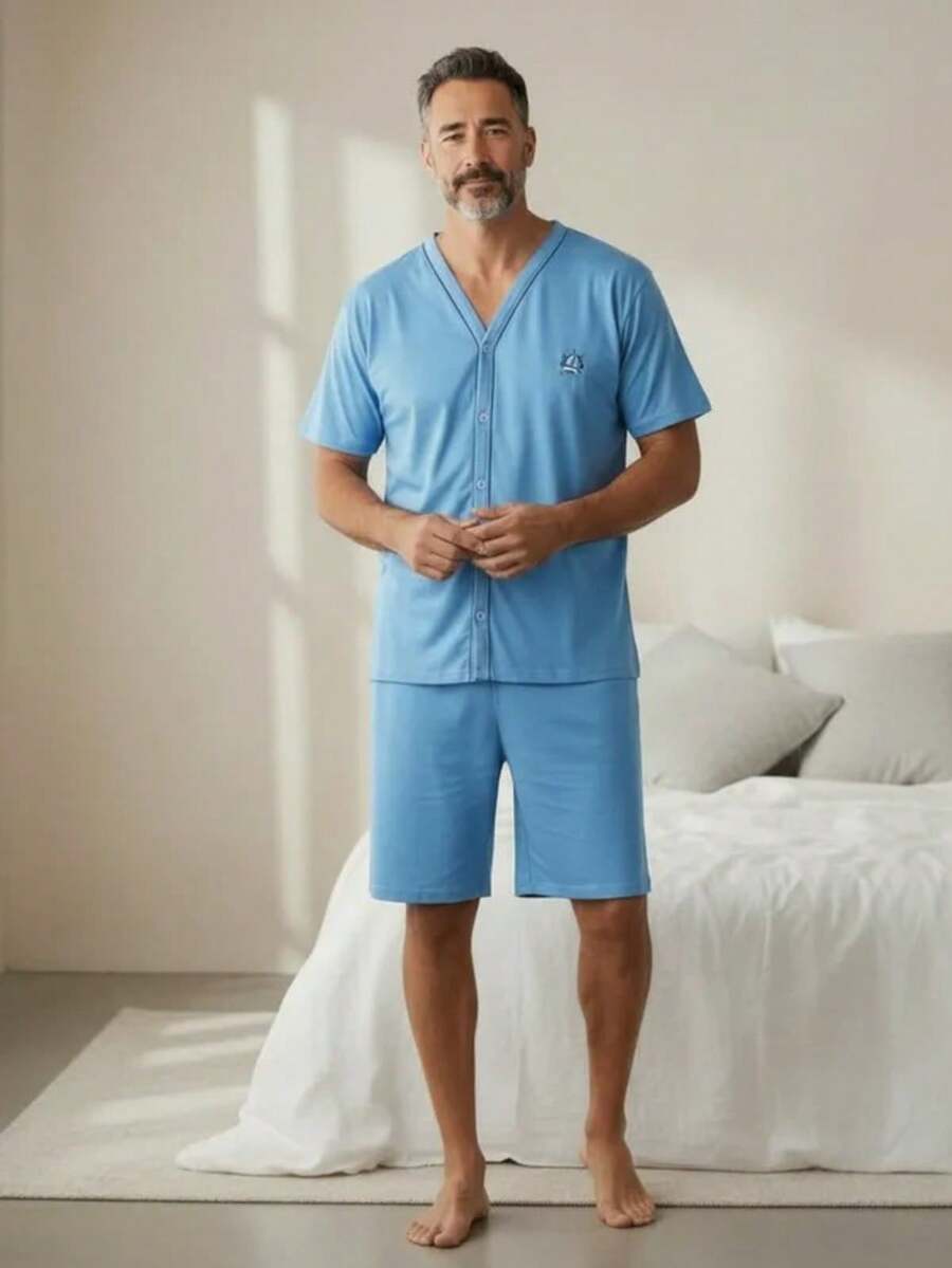 Men's Button-Down Post-Surgical Pajamas, Short Sleeves, Senior Style, High-Quality Knit Fabric - Biru - View 1
