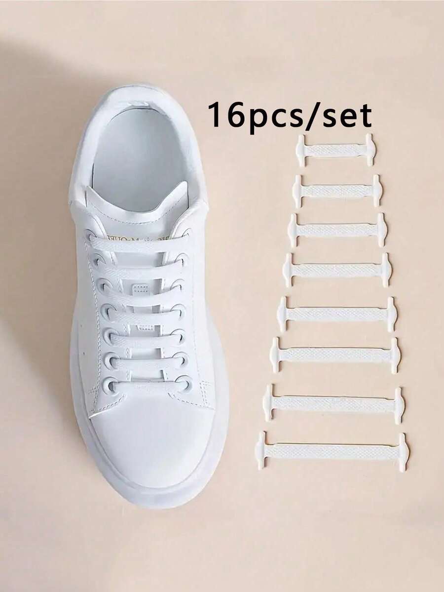 QKC 16 peças/pacote Cadarços Elásticos Pretos e Brancos Sem Amarração, Adequados para Tênis, Sapatos Casuais