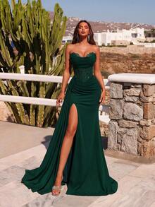 ADYCE Elegant Sheer Lace Mermaid High Waist Belted High Slit Backless Floor-Length Evening Gown, Suitable For Wedding Guest, Party, Prom, Date Night, Formal Dinner, Christmas Party And Other Occasions, Valentine's Day - Dark Green - View 3