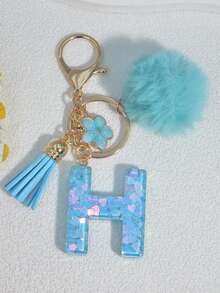 1pc Blue Heart Letter Keychain With Butterfly & Flower Decor, Women Bag Charm, Gift Keyring With Pom Pom Gifts For Mother, Father, Graduation, And Teacher - Baby Blue - View 10