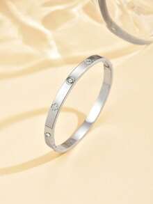 1 pieza Pulsera de acero inoxidable con elemento de trébol de lujo con diamante de imitación, joyería de mujer elegante y exquisita - Plateado - Ver 9