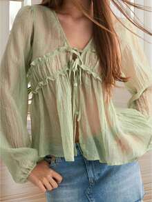 Womens Tie-Up Front Tops Long Sleeve V Neck Loose Fit Ruffle Shirts Spring Crincle Blouses - Green - View 1