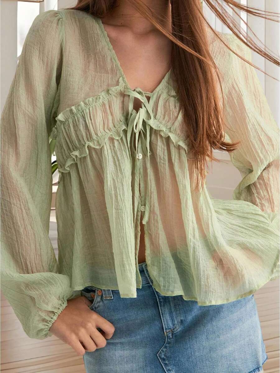 Womens Tie-Up Front Tops Long Sleeve V Neck Loose Fit Ruffle Shirts Spring Crincle Blouses - Green - View 1
