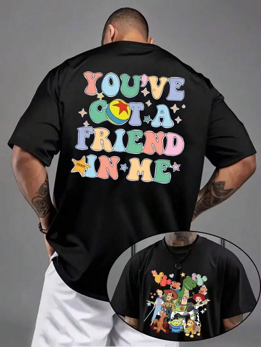 1 Piece, New Disney Men's T-Shirt, Toy Story Cartoon Printing Before And After, Round Neck Casual And Comfortable T-Shirt, Suitable For Sports And Daily Wear, Women's Loose T-Shirt, A Good Choice For Gifts, A Must For Parties. - Black - View 1
