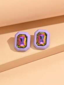 2只长方形水钻耳钉，清新甜美时尚耳钉，可爱少女风，适合日常、通勤和聚会佩戴。 - 長方形帶鑽耳釘 - 查看 13