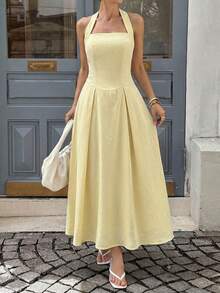 Unadoll 女士夏季休闲性感露背吊带连衣裙，荷叶边设计，优雅迷人，适合约会、度假、情人节、生日和派对等场合。 - 黃色 - 查看 11