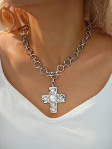 锤纹粗十字架项链套装，男女皆宜的粗链项链，金/银超大吊坠项链，复古魅力首饰 - 銀色 - 查看 13