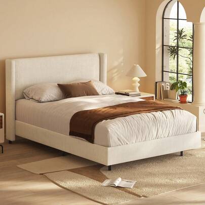 Guyii Modern Bed Frame With Wingback Headboard, Queen Size Bed Frame With 9 Support Legs, Noise-Free, No Box Spring Required, 140 X 200CM