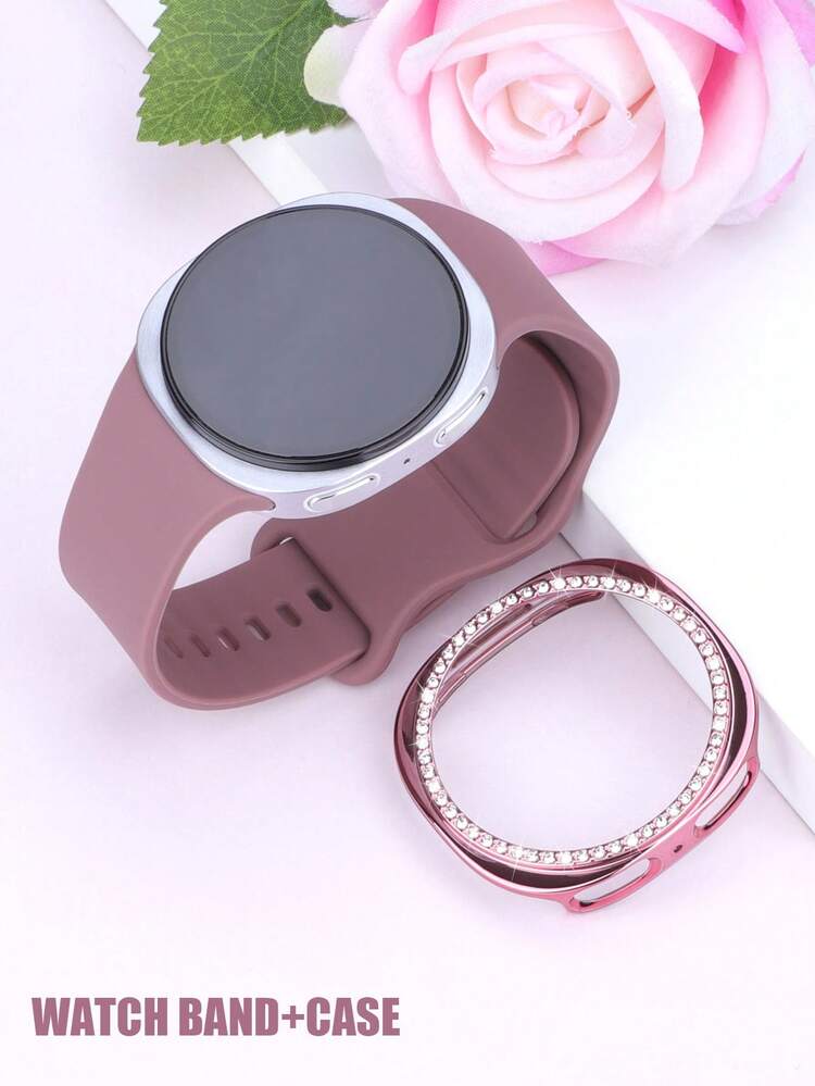 二合一柔软硅胶表带+保护壳套装，兼容三星Galaxy Watch4 40mm/44mm女士手表。柔软舒适的硅胶表带搭配铆钉表扣，以及镶嵌闪亮水钻的PC防震保护壳。带孔保护壳触感灵敏！ - 煙紫色錶帶配鑲鑽殼 - 查看 2