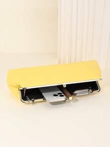 女士时尚长款纯色黄色手拿单肩包链条包优雅黄色PU皮革正式鸡尾酒会手提包，配有可拆卸链条，适合派对和约会 - 金色 - 查看 5