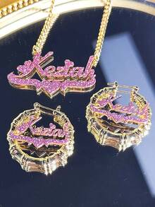 1 Set Bling Name Earrings Necklace: Custom Bamboo Hoops, Personalized Jewelry Set,5cm Earring Necklace Set, Sandblasted Style, Stainless Steel Custom Jewelry, Including Gift Box, As Valentine's Day, Pink Sandblasted - Sand Press Model - 1 - View 4