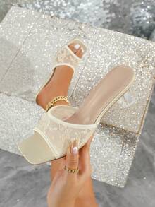 女士时尚网纱亮片方头杏色高跟凉鞋，优雅浪漫舒适百搭粗跟拖鞋 - 杏色 - 查看 1