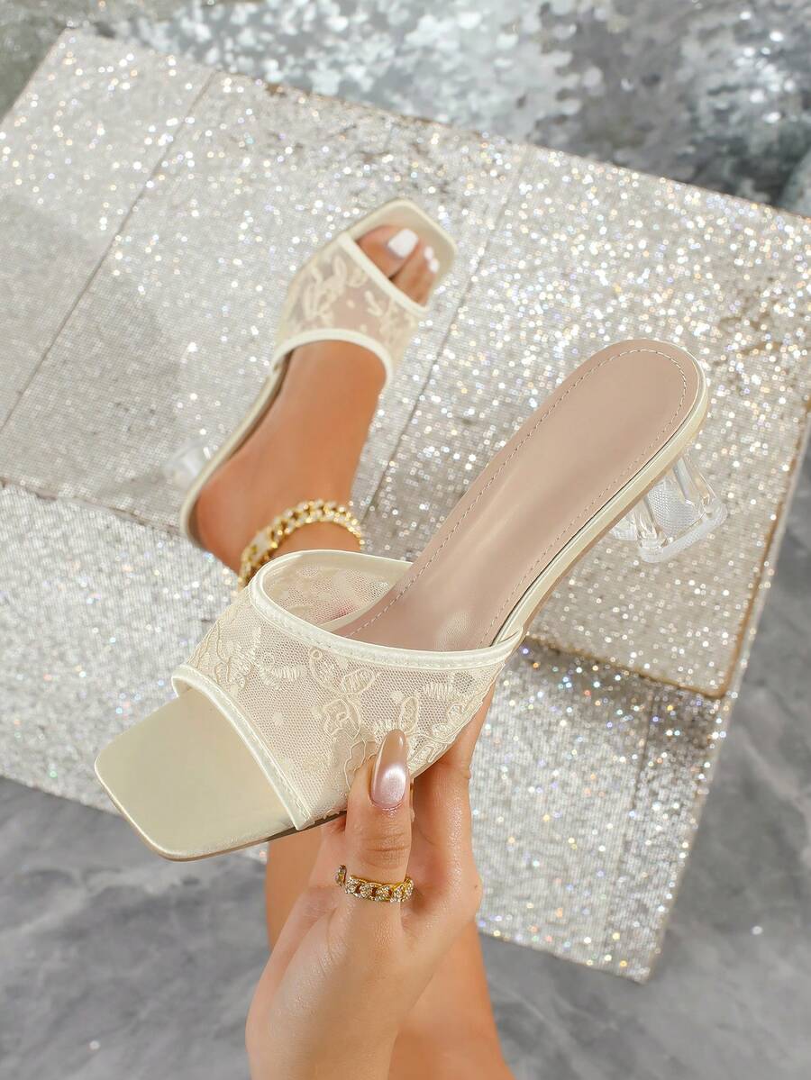 女士时尚网纱亮片方头杏色高跟凉鞋，优雅浪漫舒适百搭粗跟拖鞋 - 杏色 - 查看 1