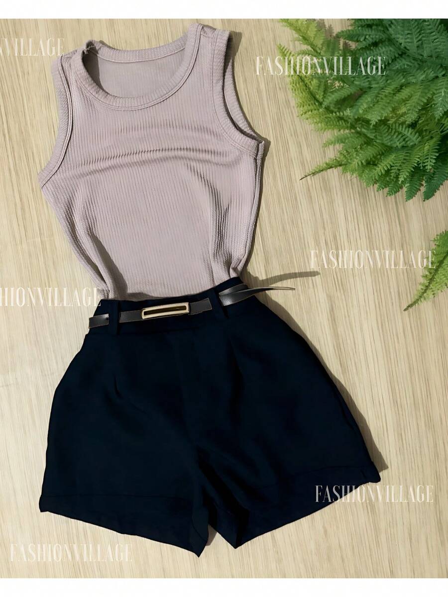 Ribbed Tank Top Set Plus Fake Leather Shorts With Belt Inspiration Fashion Blogger 2024 - Màu Khaki - Xem 1
