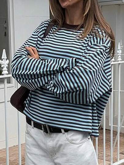 SDNGED Women's Casual Top, Striped Color Block Ribbed Fabric, Everyday Wear Spring/Autumn