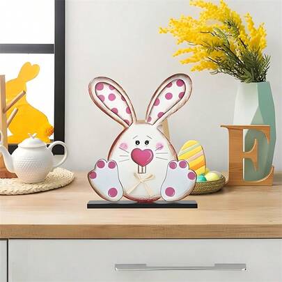 1pc Easter Bunny Wooden Sign Decor - Adorable Farmhouse Decoration With Pink Polka Dots, Heart Tongue And Bow Tie, Spring Home And Office Gift, Battery-Free. Suitable For 11 Holidays