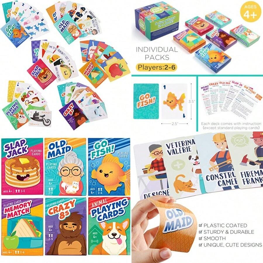 LotFancy Card Games For 6 Decks Go Fish Old Maid Crazy Eights Memory Match Slap Jack Animal Playing Cards Easter Basket Stuffers Stocking Stuffers Birthday GiftsFull Of Fun - 如圖所示 - 查看 1