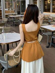 Y6Y Spring New Arrival Minimalist Sexy Style Orange Square Neck Sleeveless Backless Women Knit Top Summer - Coral Orange - View 2