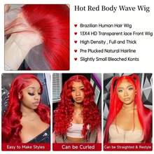 Hot Red 13x4 HD Lace Frontal Wigs Human Hair 200 Density Red Colored Body Wave Lace Front Wigs Human Hair For Women Pre Plucked Glueless Wigs With Baby Hair Loose Wave Human Hair Wig For Daily Wear Valentine's Day Wig Party Use - màu đỏ - Xem 5