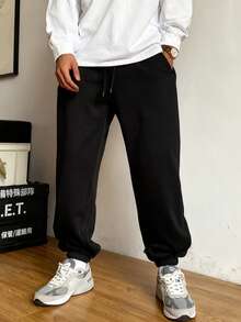 男士宽松抽绳腰带慢跑裤，休闲街头风运动裤，日常舒适版型运动裤，完美的男士圣诞礼物，春秋季 - 黑色 - 查看 5