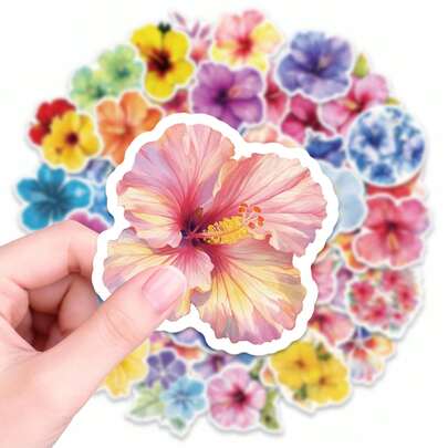50pcs Watercolor Floral Stickers, Vibrant Hibiscus & Mixed Flower Waterproof Vinyl Decals For Laptop, Phone Case, Water Bottle & Journal, Nature Inspired Decor For DIY Projects & Gifts