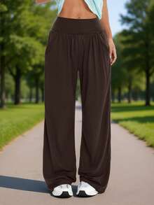 Pantalones casuales rectos de cintura elástica de unicolor para mujer, adecuados para deportes al aire libre, entrenamiento en el gimnasio, yoga, senderismo, todo el año - Marrón - Ver 3
