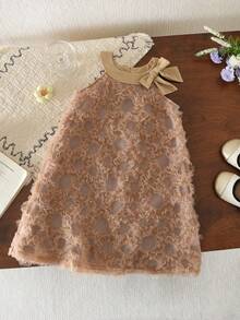 女童3D蝴蝶结网纱公主裙，夏季生日派对，棕色无袖连衣裙，适合3-7岁儿童 - 咖啡棕 - 查看 1