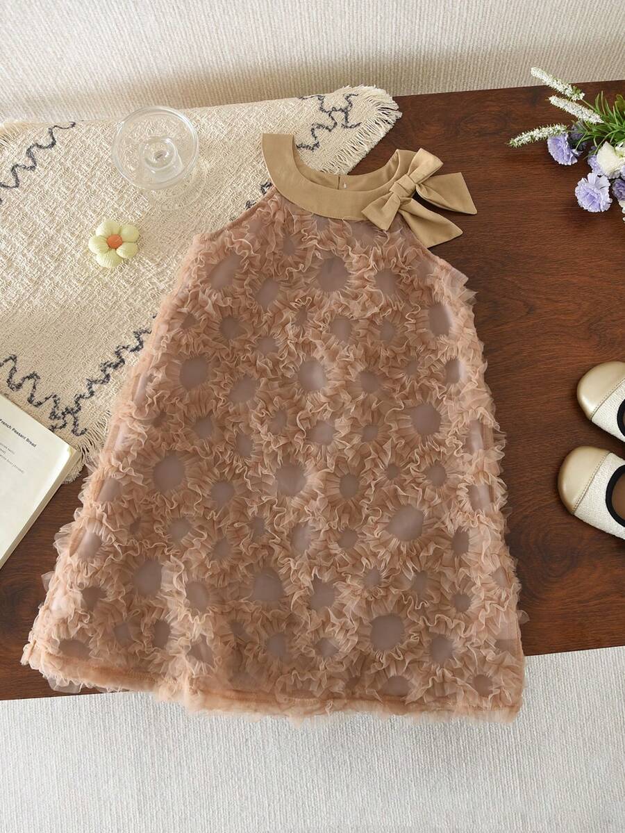 女童3D蝴蝶结网纱公主裙，夏季生日派对，棕色无袖连衣裙，适合3-7岁儿童 - 咖啡棕 - 查看 1