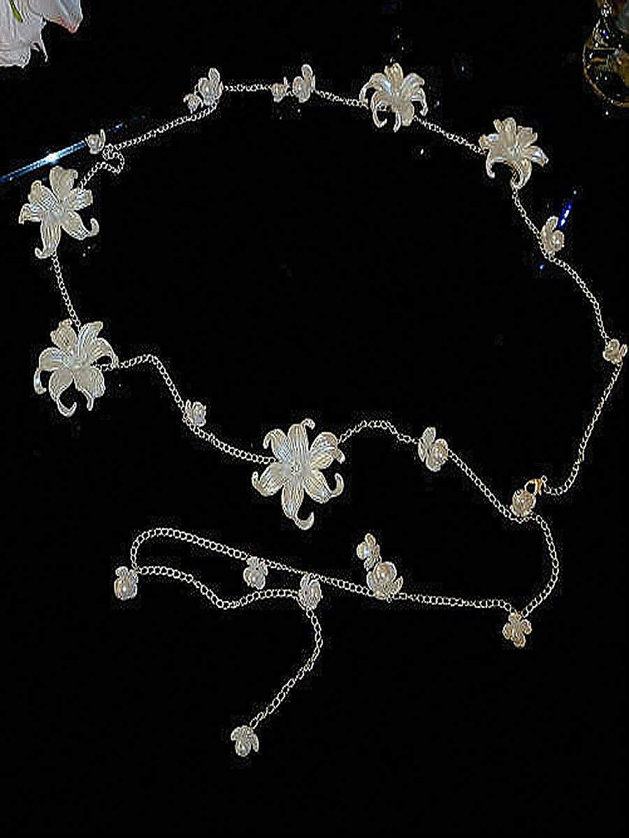 1pc Elegant Floral Tassel Waist Chain, Romantic French Style, High-End Versatile Accessory - White - View 1