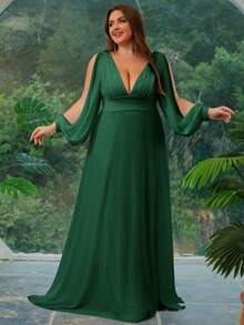 Women Plus Size Solid Color Elegant Vintage Mature Party Chiffon Ruched Waist Bridesmaid Dress - Dark Green - View 5