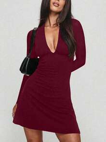 Sexy & Fashionable Ruched V-Neck A-Line Long Sleeve Mini Dress, New Arrival For Autumn - Red - View 6