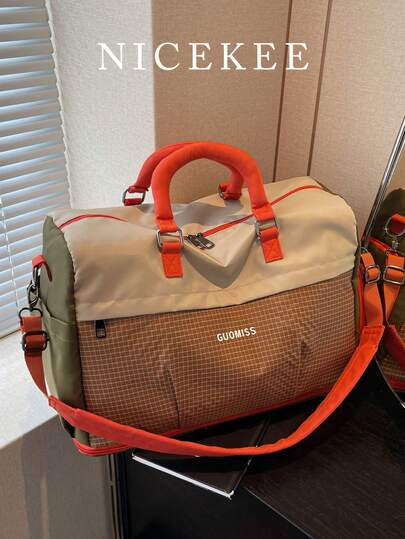 Fashionable Large Capacity Color Blocked Multi Pocket Expandable Storage Luggage Bag, Simple Casual Retro Grid Splicing Crossbody Bag, Niche Design Multifunctional Lightweight Foldable Travel Bag, With Independent Shoe Compartment, Suitable For Short Business Trips, School Holidays, Overnight Outings, Etc