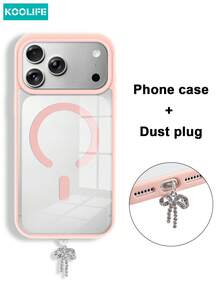 Koolife 2pcs Phone Case + Dust Plug Set: [1-Piece Color-Block Magnetic Phone Case + 1-Piece Rhinestone Butterfly Dust Plug], PC+TPU, Wireless Charging Compatible, Slim Thin, Matte Finish, Full Coverage Shockproof, Compatible With Apple 11/11pro/11promx/12/12pro/12promax/13/13Pro/13ProMax/14/14Pro/14ProMax/14 Plus/15/15 Plus/15Pro/15ProMax/16/16Pro/16ProMax/16e/17/17Pro/17ProMax/17Air - Pink - View 1