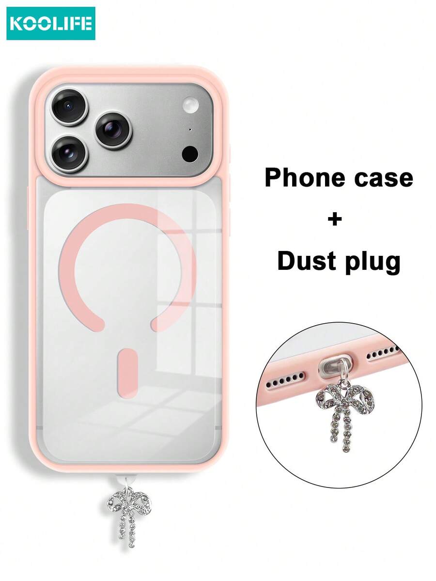Koolife 2pcs Phone Case + Dust Plug Set: [1-Piece Color-Block Magnetic Phone Case + 1-Piece Rhinestone Butterfly Dust Plug], PC+TPU, Wireless Charging Compatible, Slim Thin, Matte Finish, Full Coverage Shockproof, Compatible With Apple 11/11pro/11promx/12/12pro/12promax/13/13Pro/13ProMax/14/14Pro/14ProMax/14 Plus/15/15 Plus/15Pro/15ProMax/16/16Pro/16ProMax/16e/17/17Pro/17ProMax/17Air - Pink - View 1