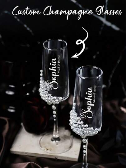 Customized Champagne Flutes, Personalized Stemmed Wine Glasses, Customized Champagne Flutes For Bride And Bridesmaids - Reusable, Dishwasher , Customized Champagne Flutes/Bride And Bridesmaids Wine Glasses/Wedding Party Cups/Wedding Supplies/Champagne Flutes/Champagne Stemware/Bridesmaids/Bride/Matron Of Honor/Mother Of The Bride/Bachelorette Party/Birthday Party