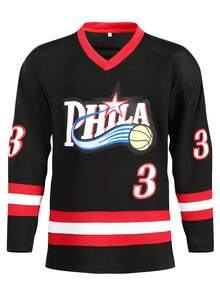 男士黑色3号冰球球衣休闲长袖刺绣V领T恤，派对及运动服饰，春季款 - 黑色 - 查看 2